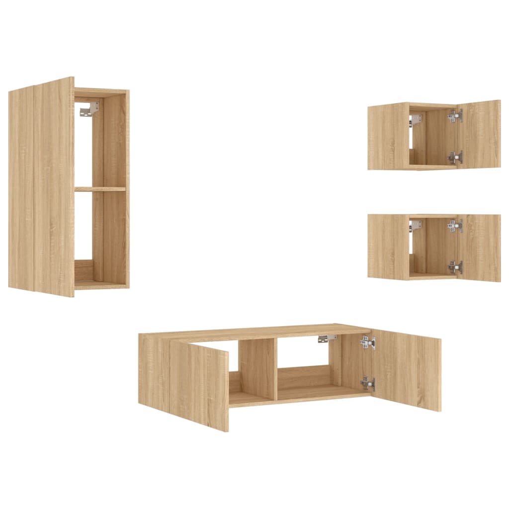 vidaXL 4 Piece TV Wall Cabinets with LED Lights Sonoma Oak