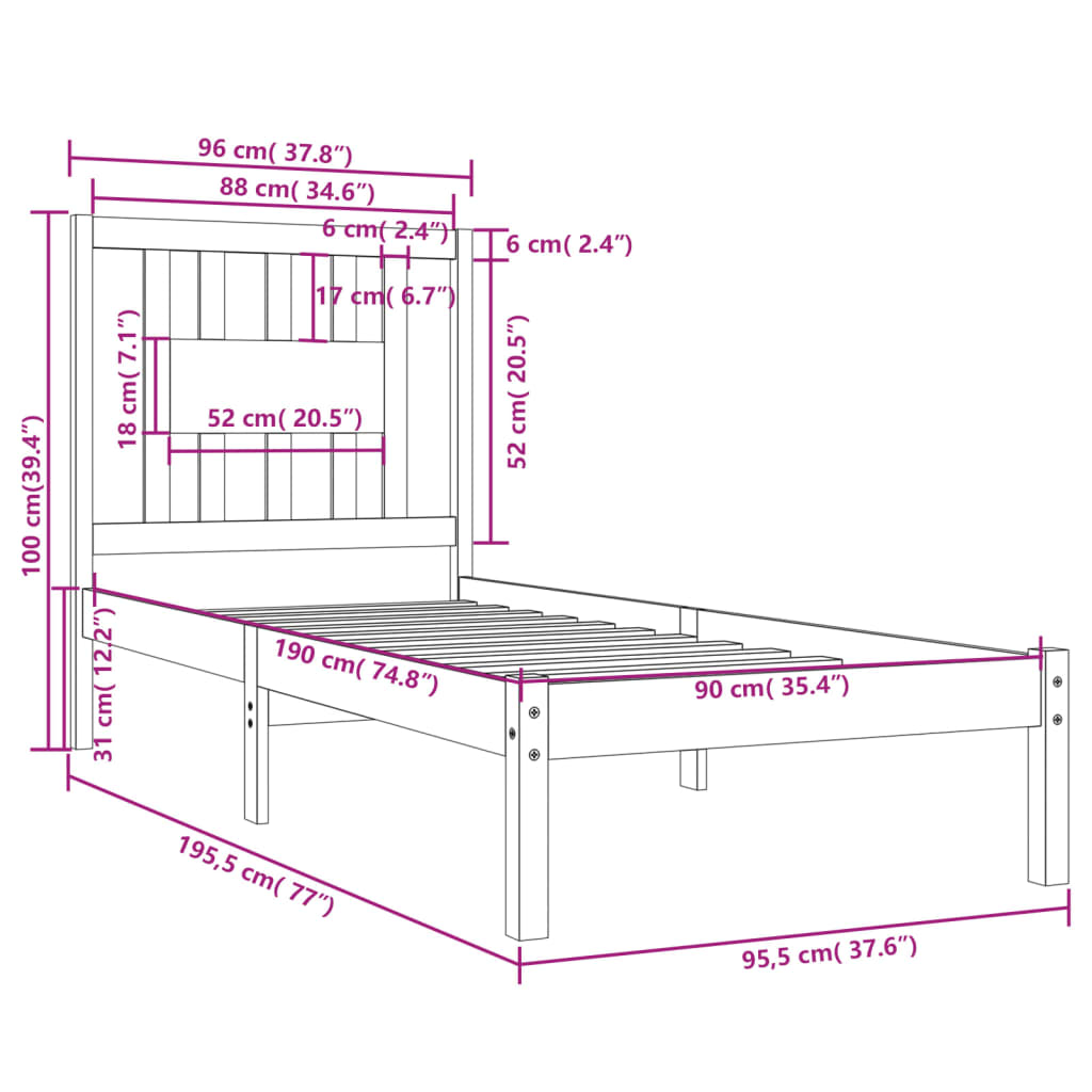 vidaXL Bed Frame without Mattress Black Solid Wood Single