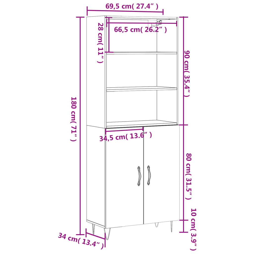 vidaXL Highboard Brown Oak 69.5x34x180 cm Engineered Wood