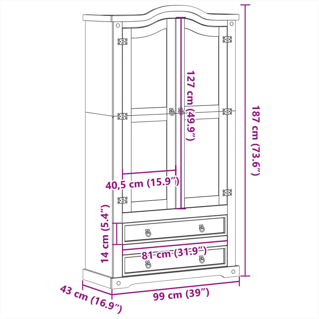 vidaXL Glass Display Cabinet Corona 99x43x187 cm Solid Wood Pine