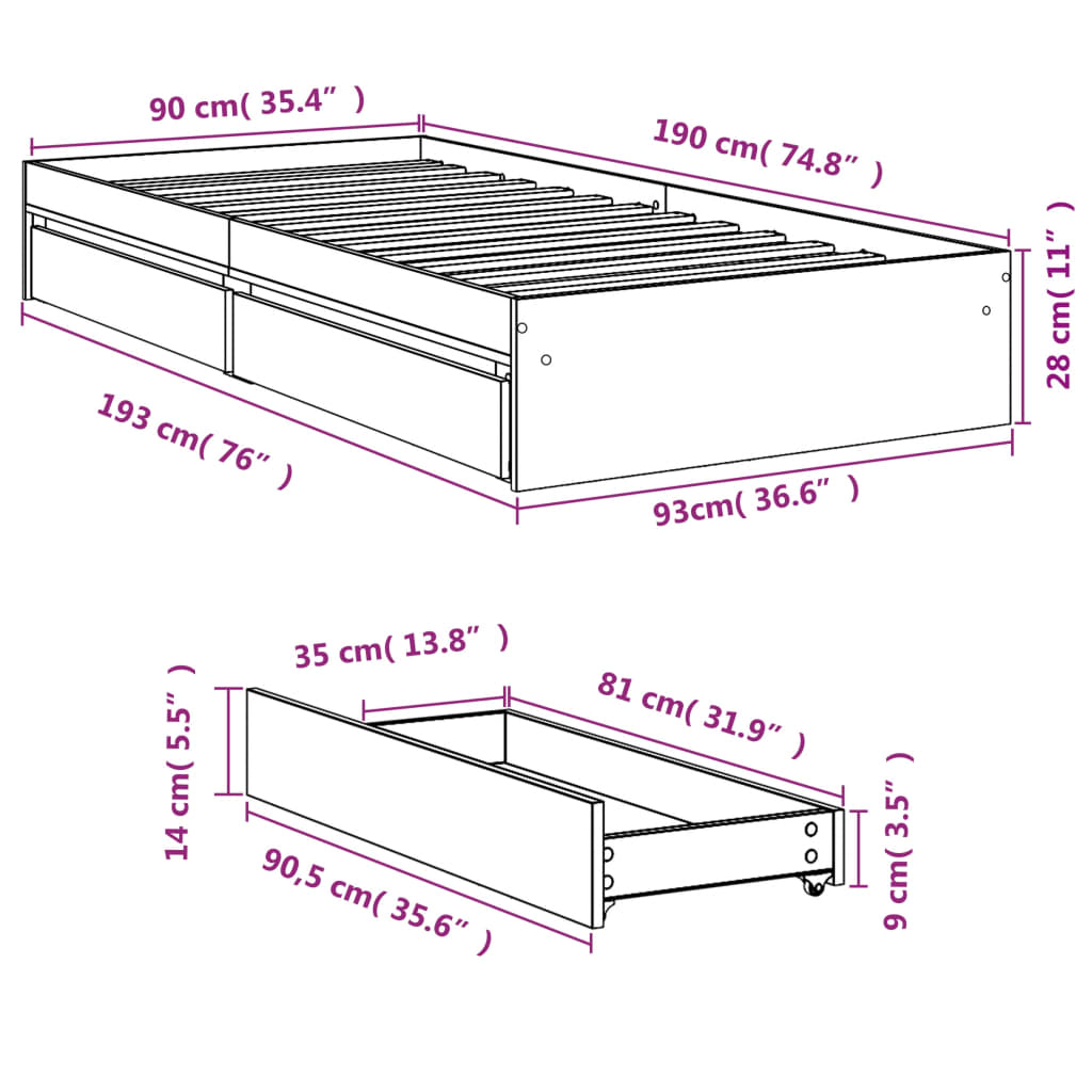 vidaXL Bed Frame with Drawers without Mattress Smoked Oak 90x190 cm Single