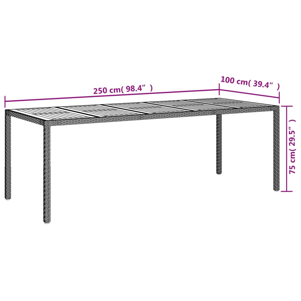 vidaXL Garden Table Black 250x100x75 cm Poly Rattan