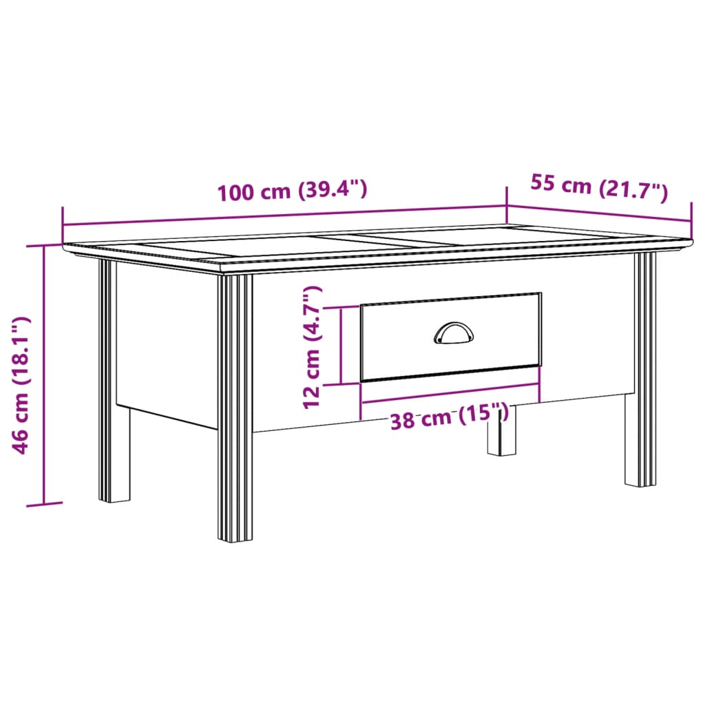 vidaXL Coffee Table BODO Grey 100x55x45 cm Solid Wood Pine