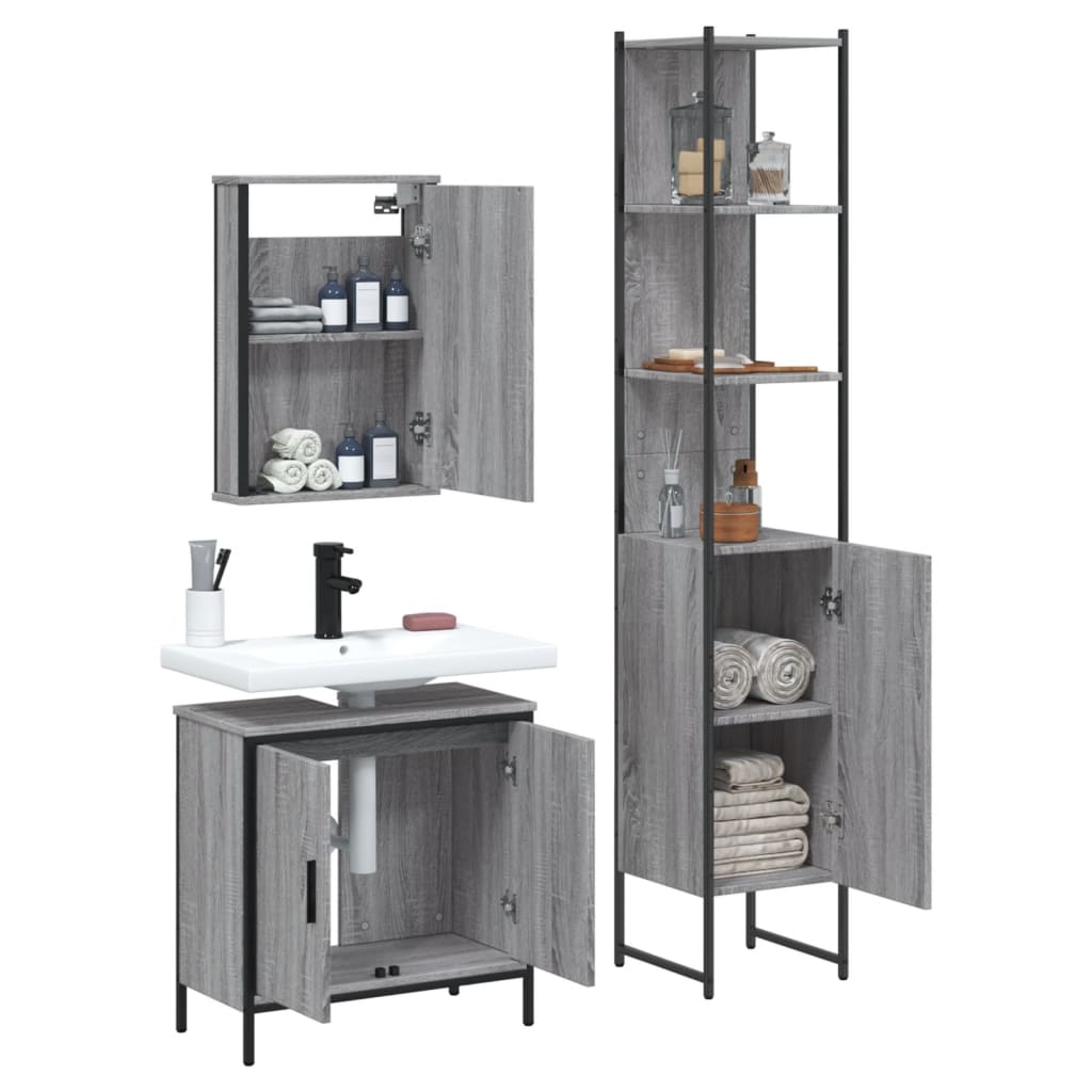 vidaXL 3 Piece Bathroom Furniture Set Grey Sonoma Engineered Wood