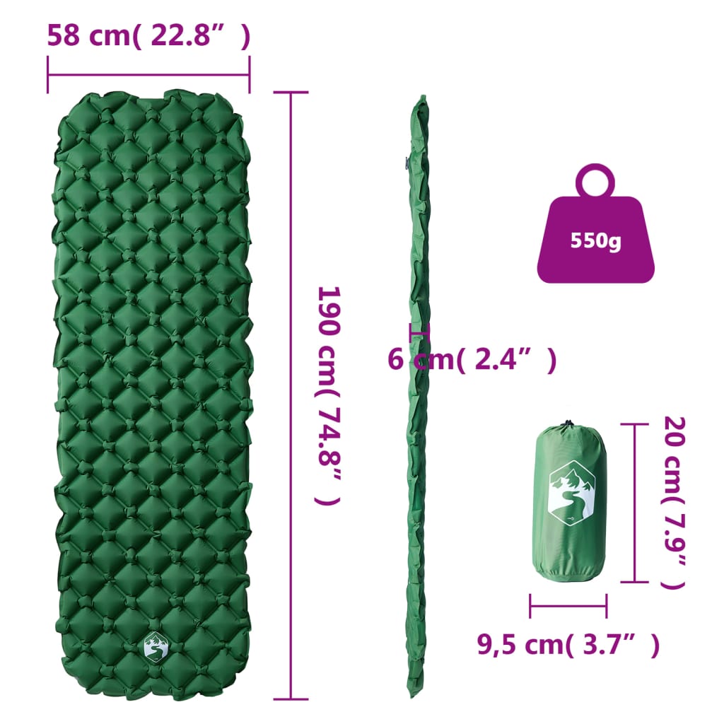 vidaXL Inflating Camping Mattress 1-Person Green 190x58x6 cm