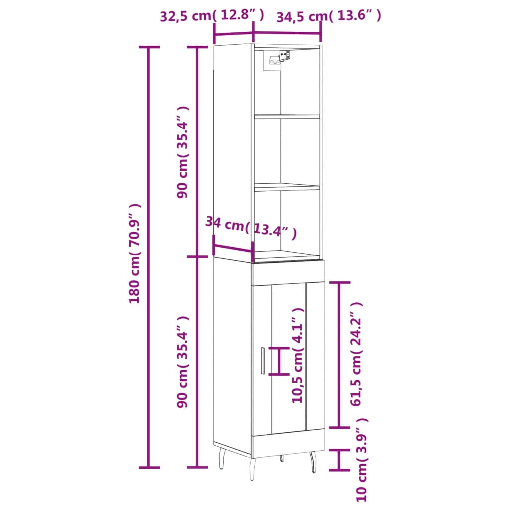 vidaXL Highboard Grey Sonoma 34.5x34x180 cm Engineered Wood