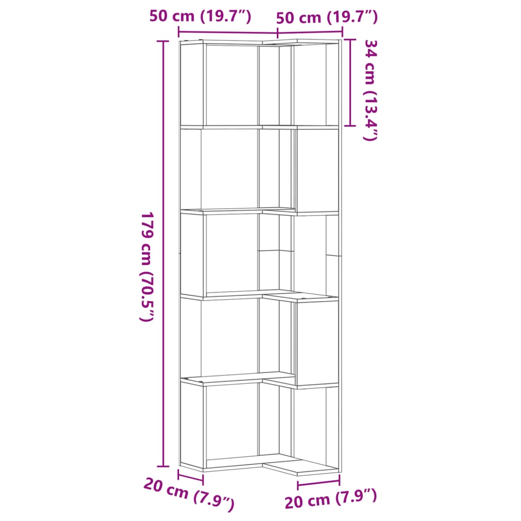 vidaXL Corner Bookcase 5-Tier Sonoma Oak 50x50x179 cm Engineered Wood