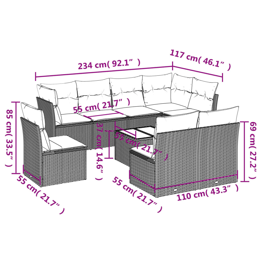 vidaXL 9 Piece Garden Sofa Set with Cushions Black Poly Rattan