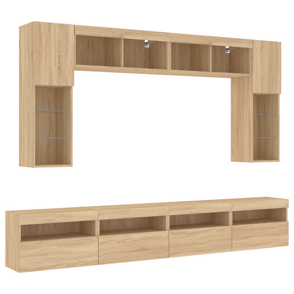 vidaXL 8 Piece TV Wall Cabinet Set with LED Lights Sonoma Oak