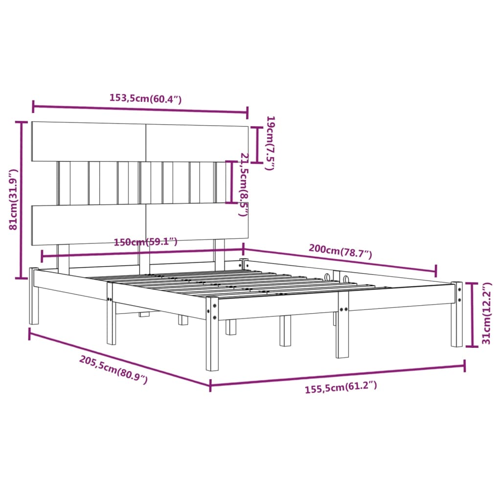 vidaXL Bed Frame without Mattress 150x200 cm King Size Solid Wood