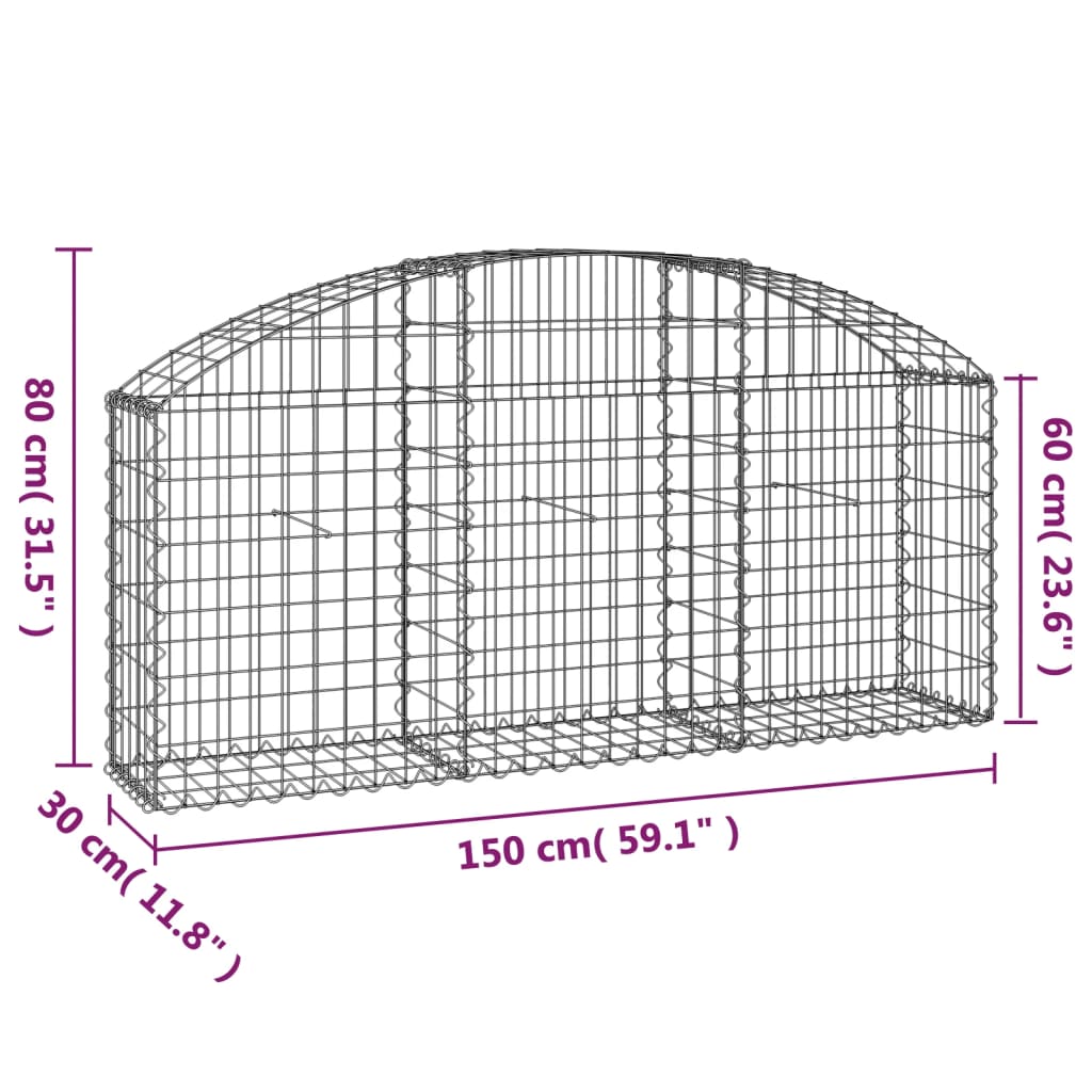 vidaXL Arched Gabion Basket 150x30x60/80 cm Galvanised Iron