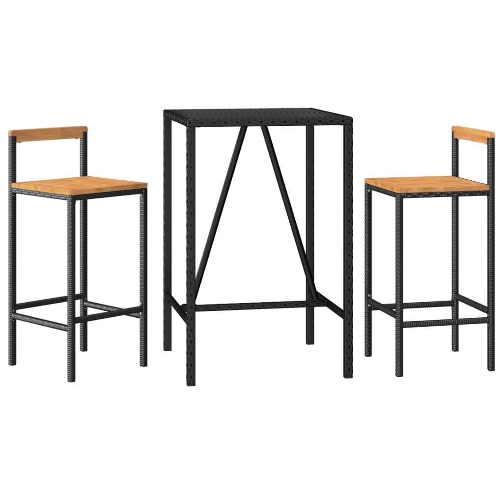 vidaXL 3 Piece Garden Bar Set Black Poly Rattan& Solid Wood Acacia