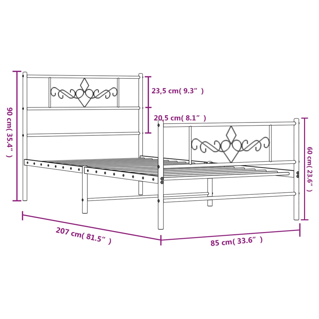 vidaXL Metal Bed Frame without Mattress with Footboard Black 80x200 cm