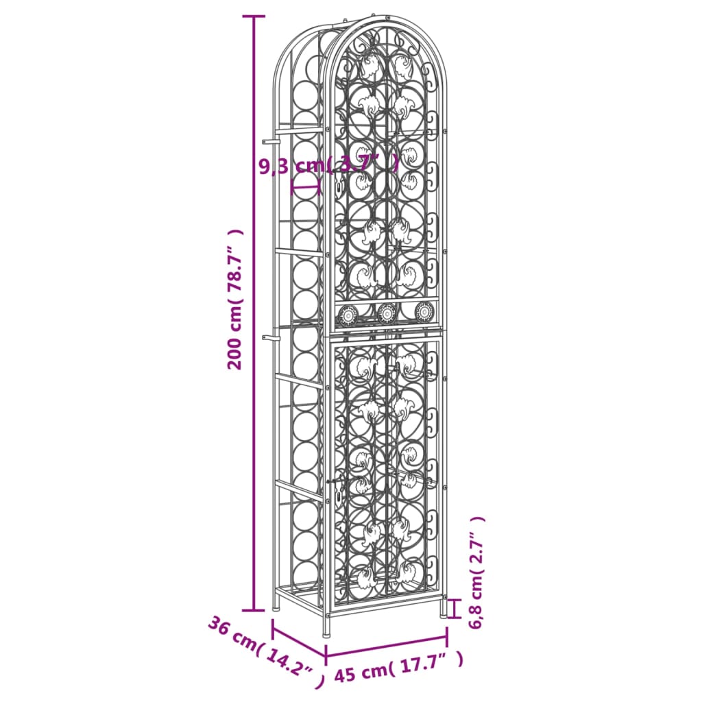 vidaXL Wine Rack for 73 Bottles Black 45x36x200 cm Wrought Iron