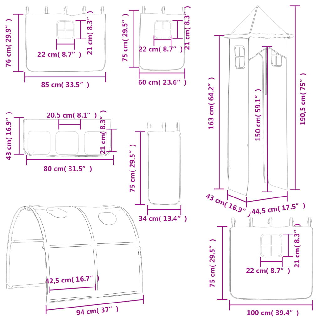 vidaXL Kids' Loft Bed with Tower without Mattress Pink 90x200 cm