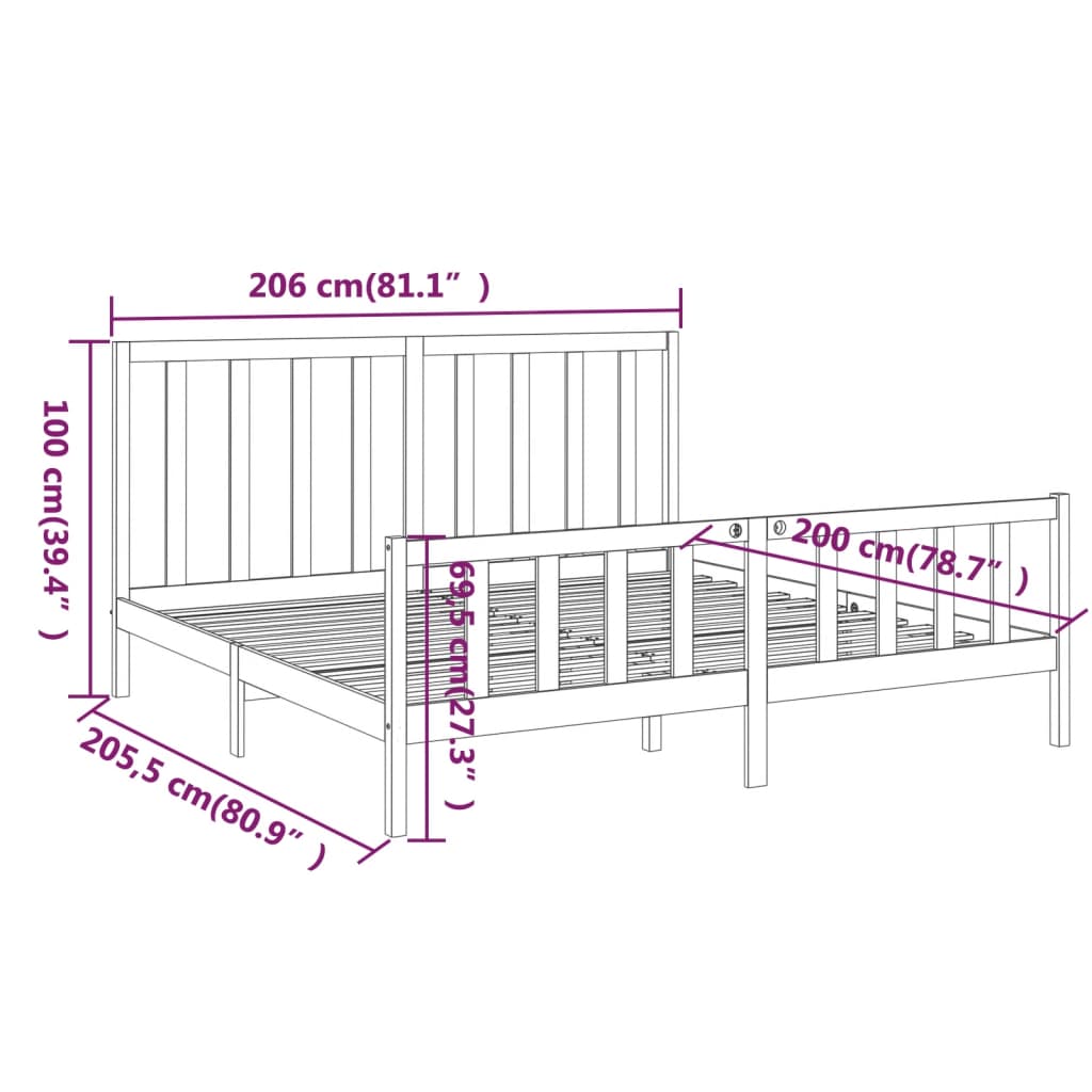 vidaXL Bed Frame without Mattress Black 200x200 cm Solid Wood Pine