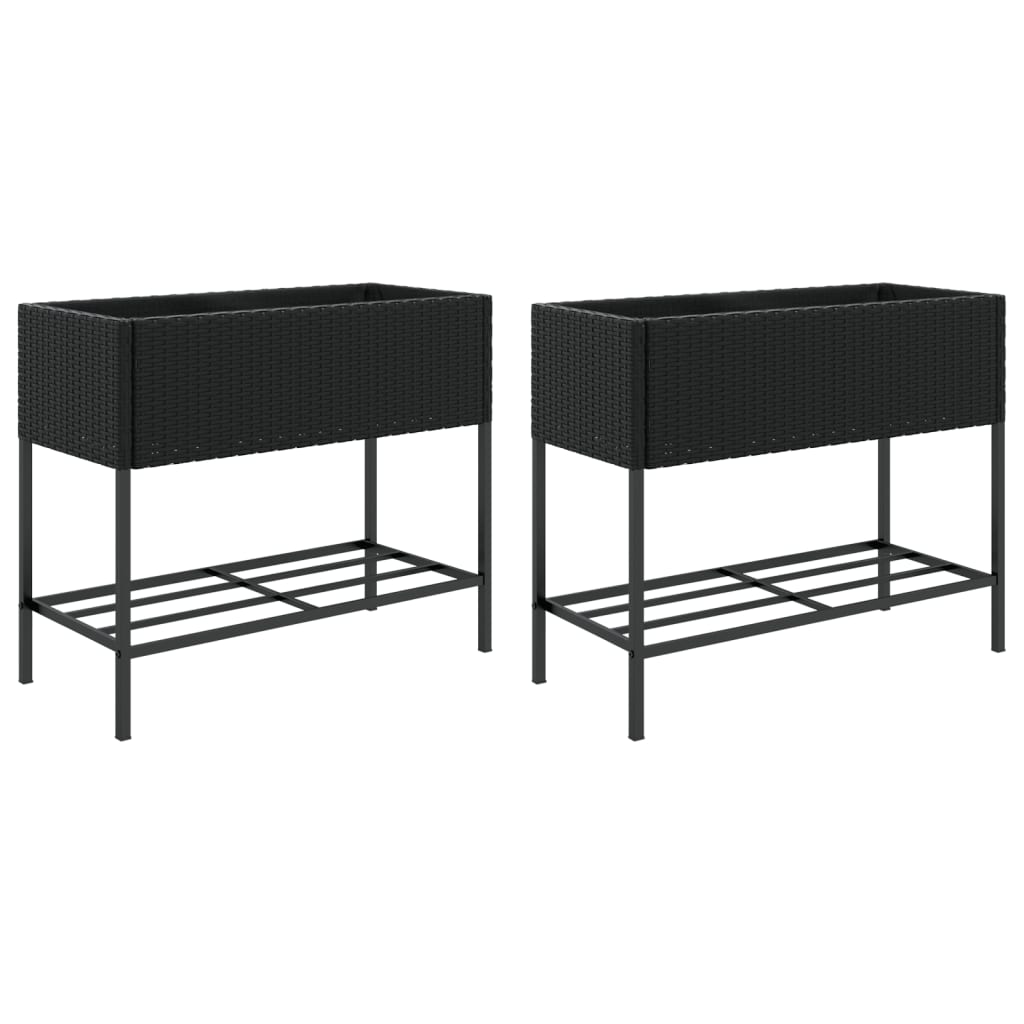 vidaXL Garden Planters with Shelf 2 pcs Black 90x40x75 cm Poly Rattan