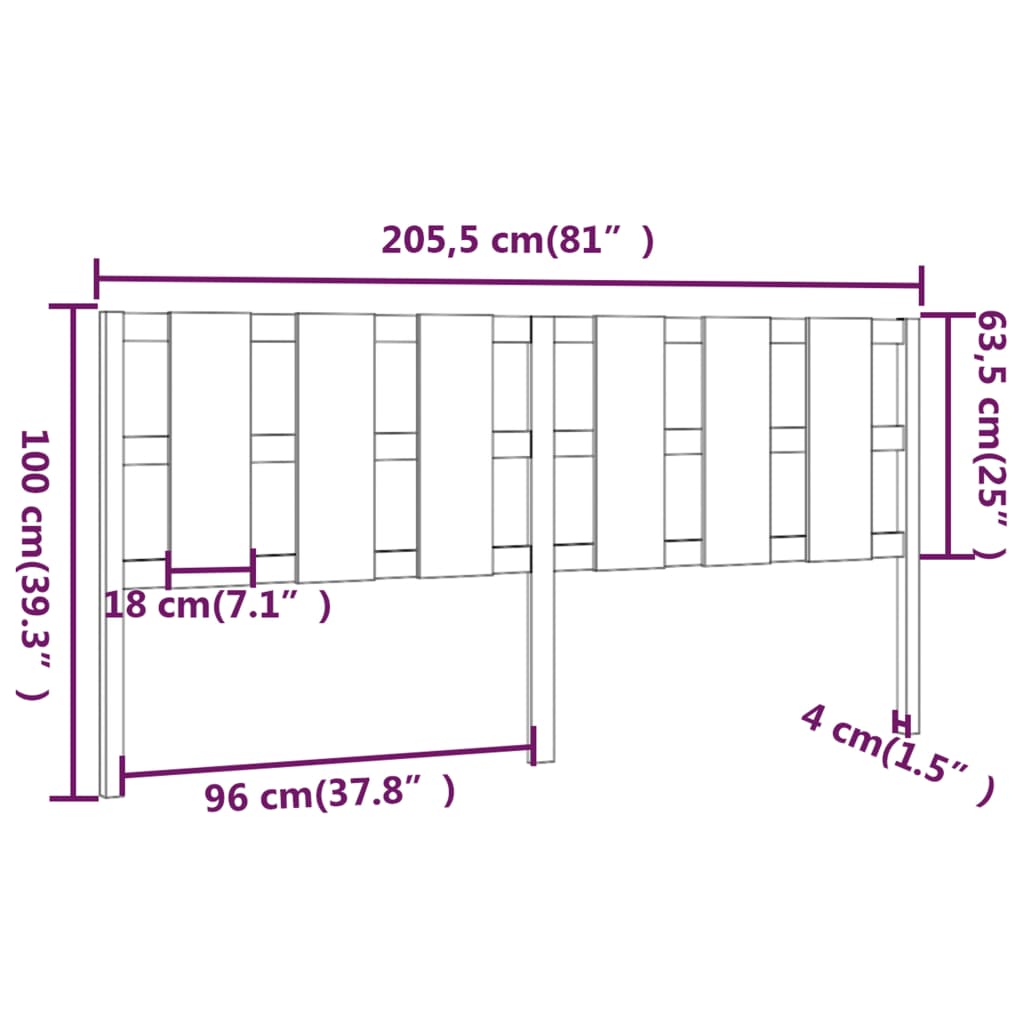 vidaXL Bed Headboard 205.5x4x100 cm Solid Wood Pine