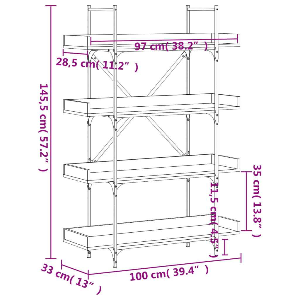 vidaXL Bookcase 4-Tier Smoked Oak 100x33x145.5 cm Engineered Wood