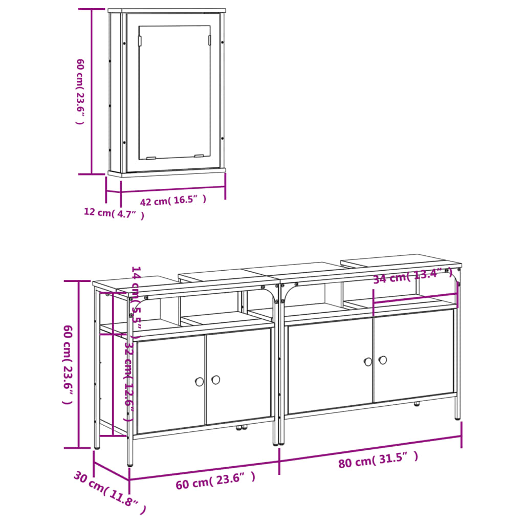 vidaXL 3 Piece Bathroom Furniture Set Smoked Oak Engineered Wood