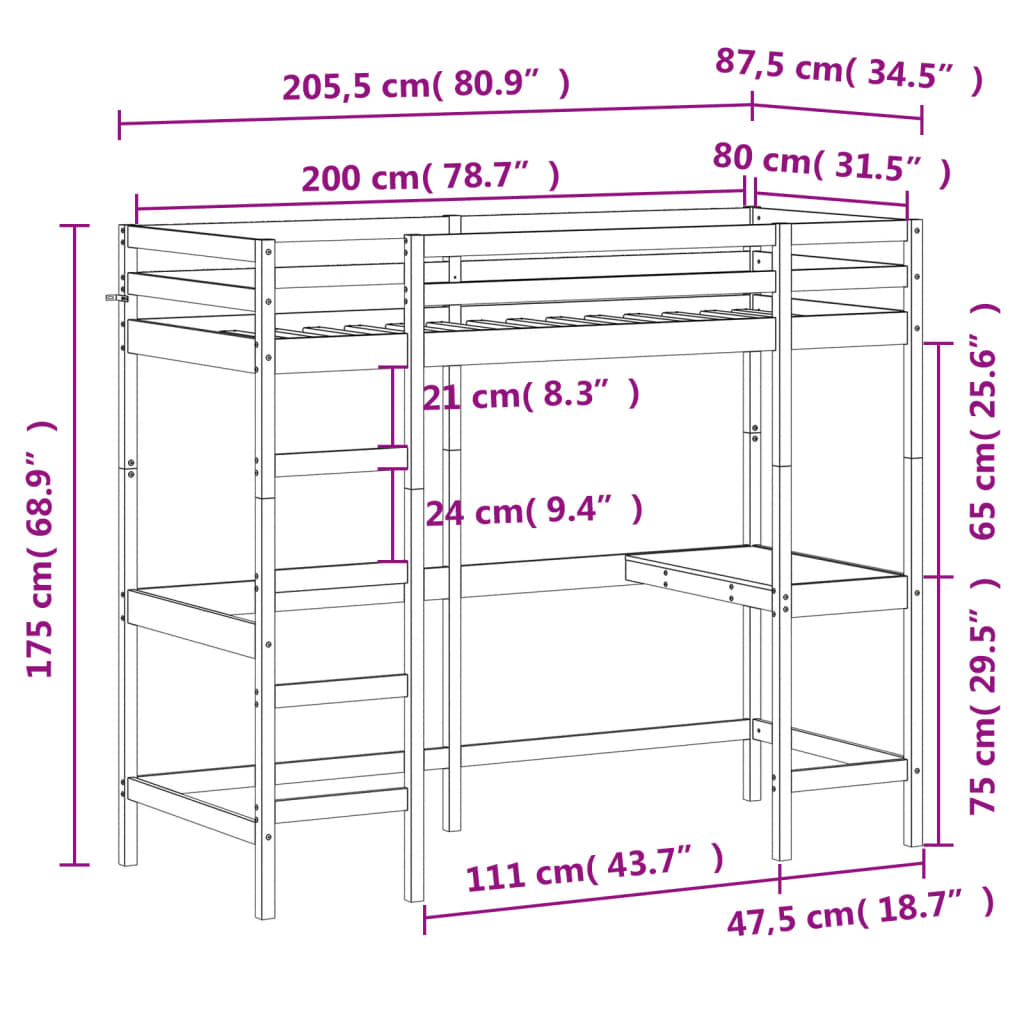 vidaXL Loft Bed without Mattress 80x200 cm Solid Wood Pine