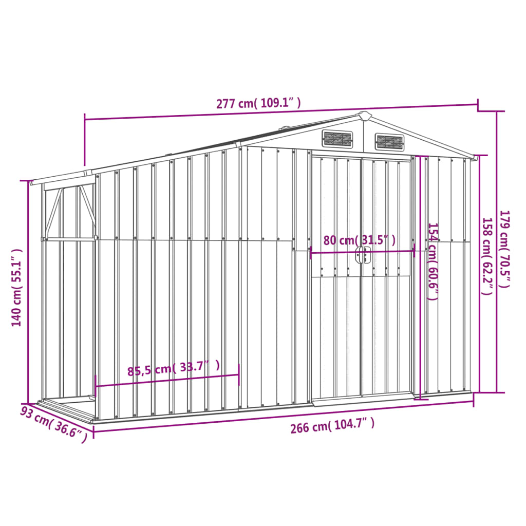 vidaXL Garden Shed Grey 277x93x179 cm Galvanised Steel