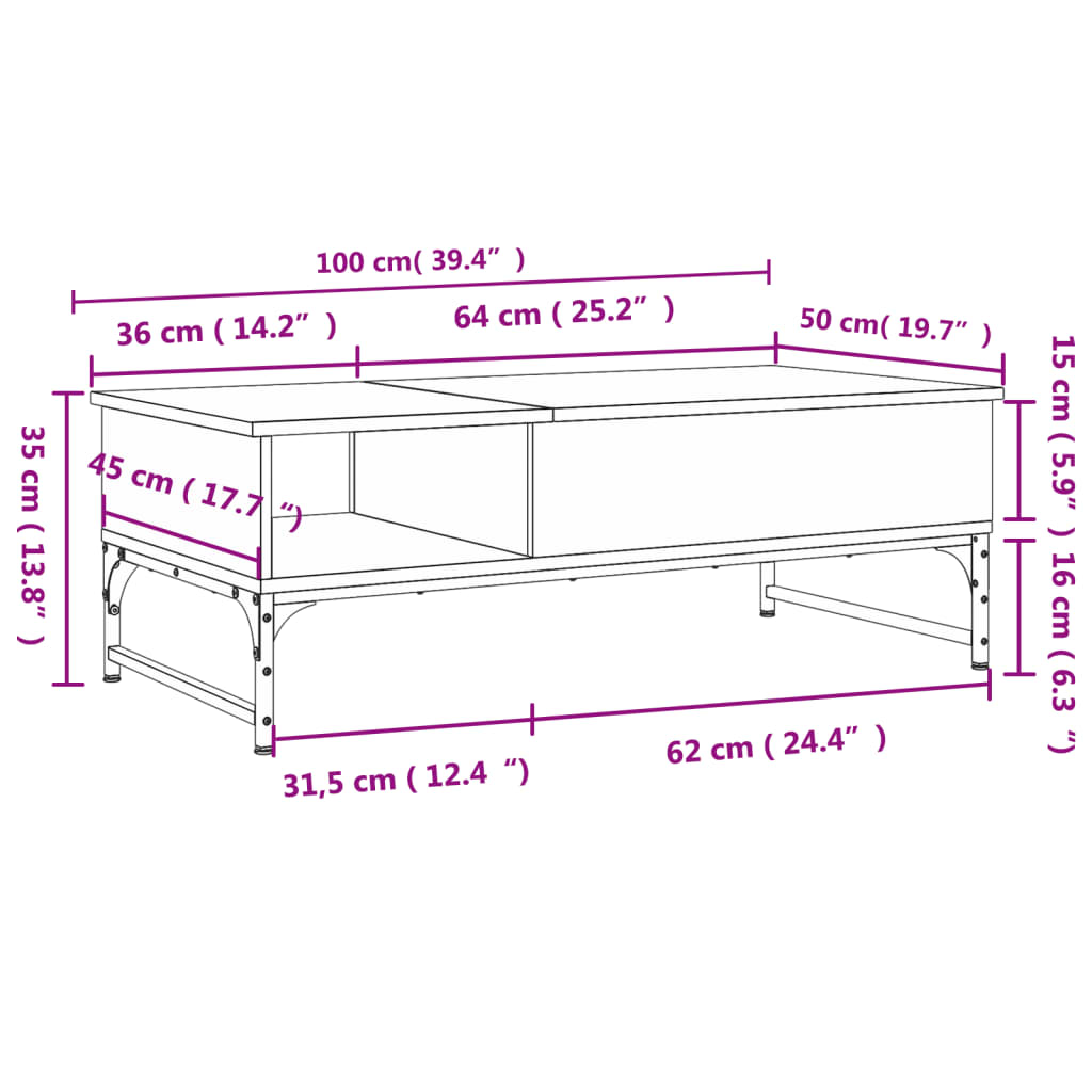 vidaXL Coffee Table Smoked Oak 100x50x35 cm Engineered Wood and Metal