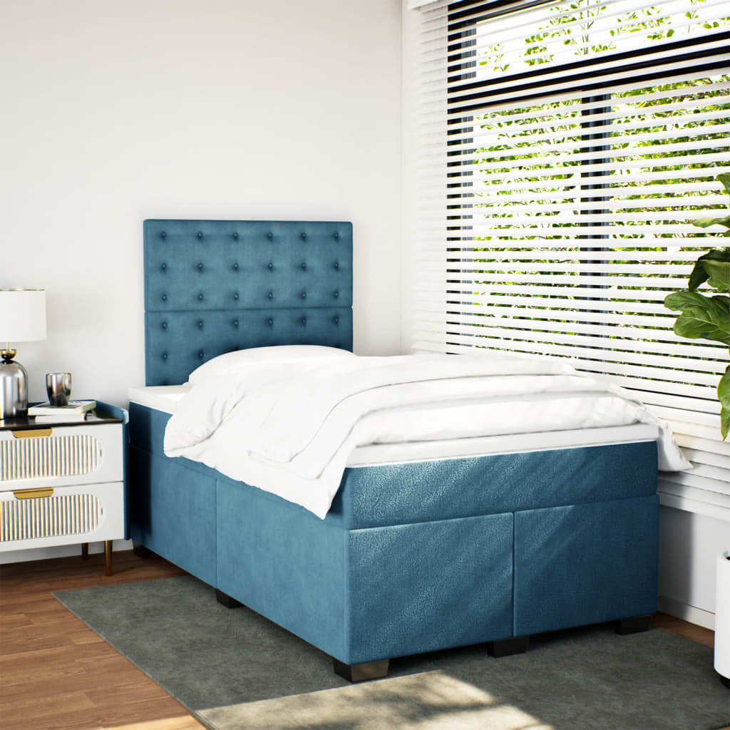 vidaXL Box Spring Bed with Mattress Blue 120x190 cm Small Double Velvet