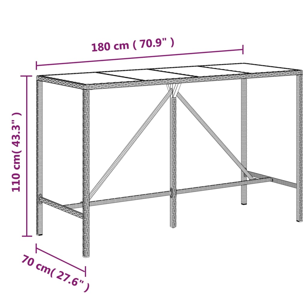 vidaXL Bar Table with Glass Top Brown 180x70x110 cm Poly Rattan