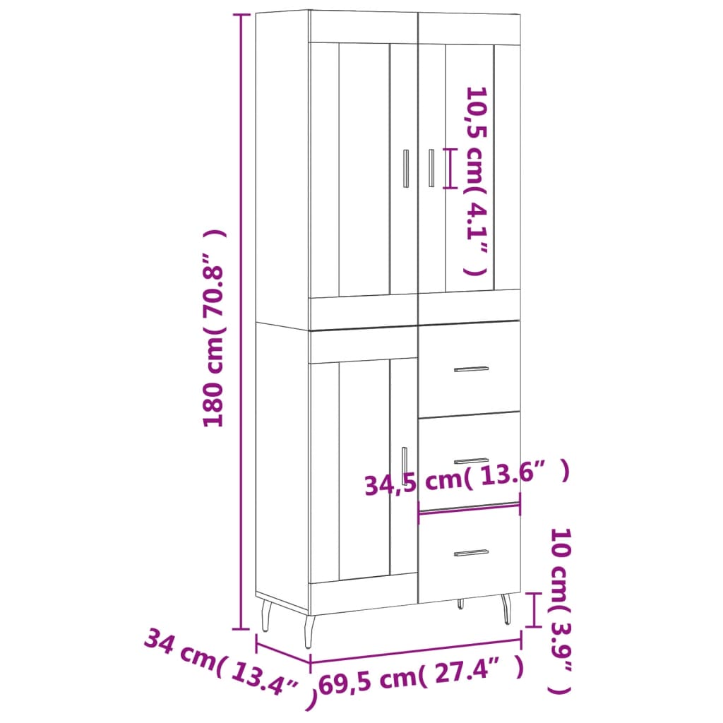 vidaXL Highboard White 69.5x34x180 cm Engineered Wood