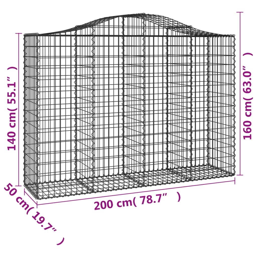 vidaXL Arched Gabion Baskets 2 pcs 200x50x140/160 cm Galvanised Iron