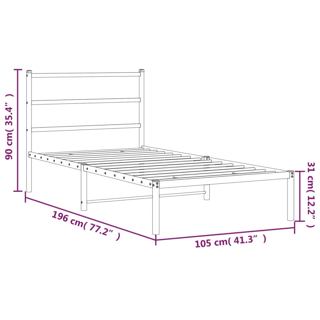 vidaXL Metal Bed Frame without Mattress with Headboard Black 100x190 cm