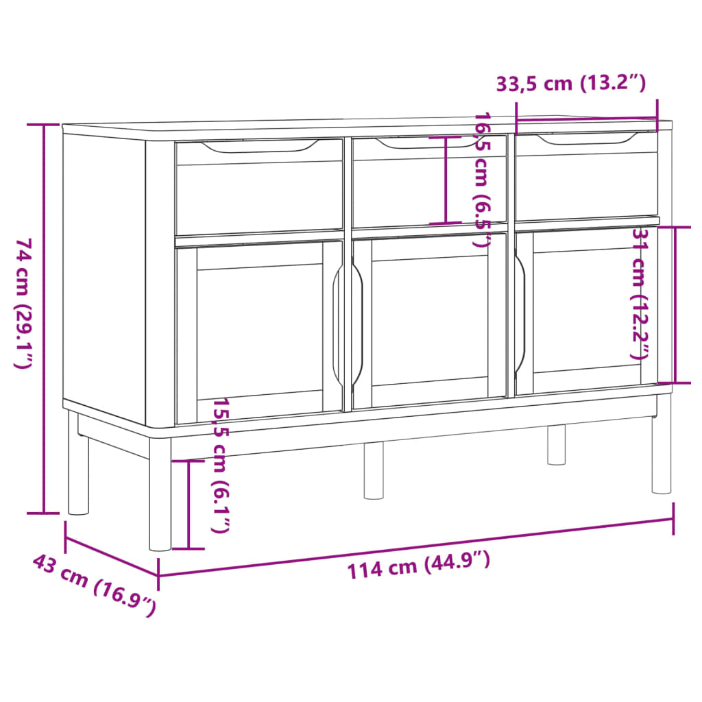 vidaXL Sideboard FLORO Wax Brown 114x43x74 cm Solid Wood Pine