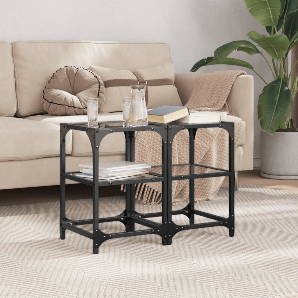 vidaXL Coffee Tables with Black Glass Top 2 pcs 30x30x45 cm Steel