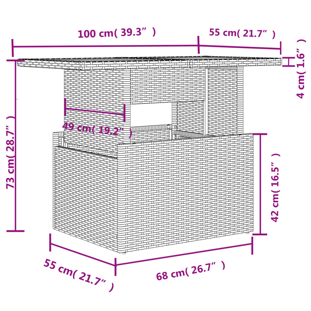 vidaXL Garden Table with Glass Top Grey 100x55x73 cm Poly Rattan