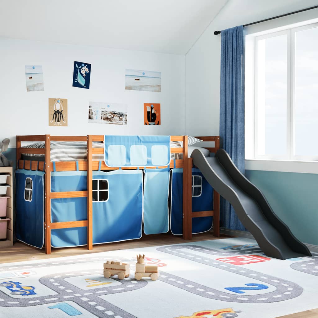 vidaXL Kids' Loft Bed with Curtains Blue 80x200 cm Solid Wood Pine