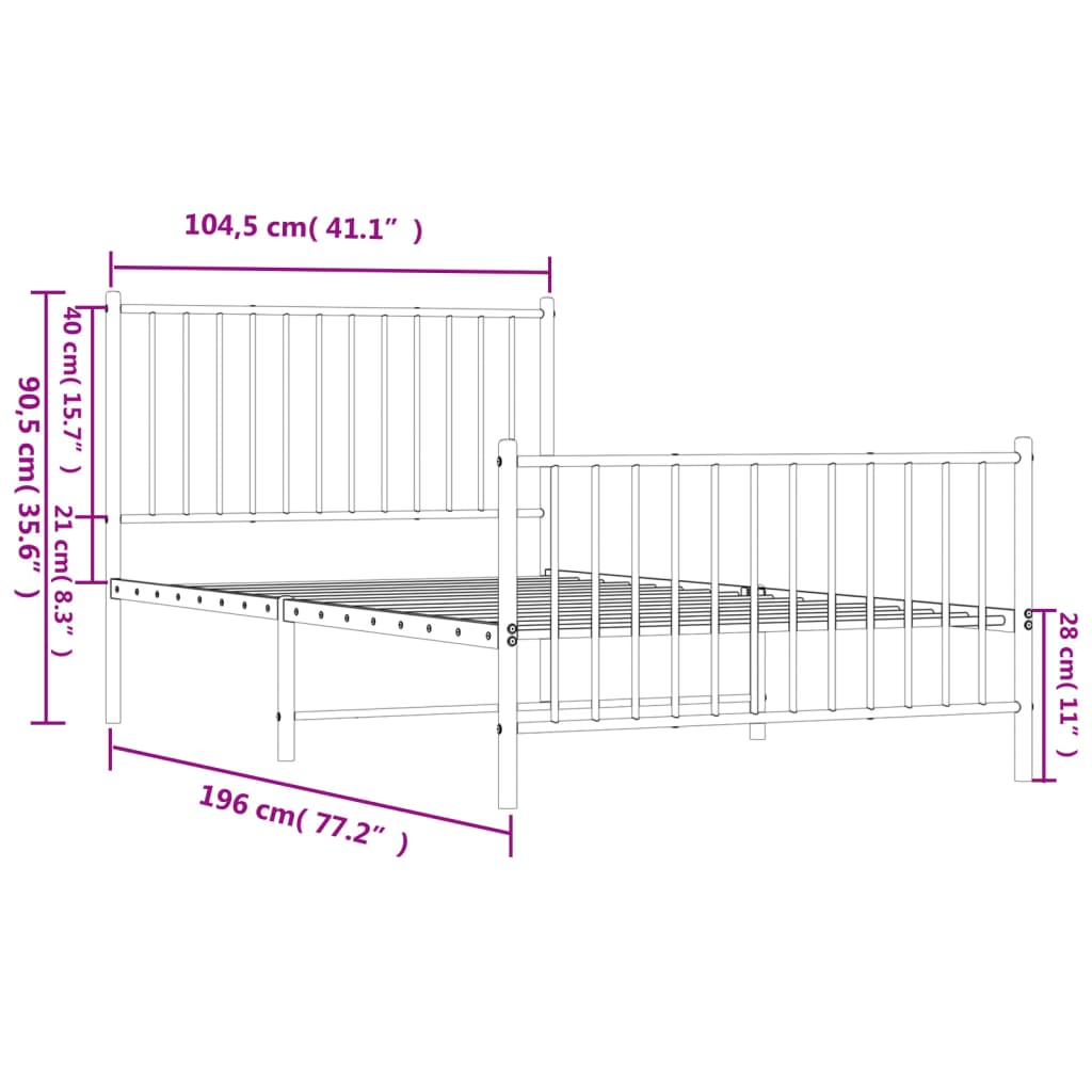 vidaXL Metal Bed Frame without Mattress with Footboard White 100x190 cm