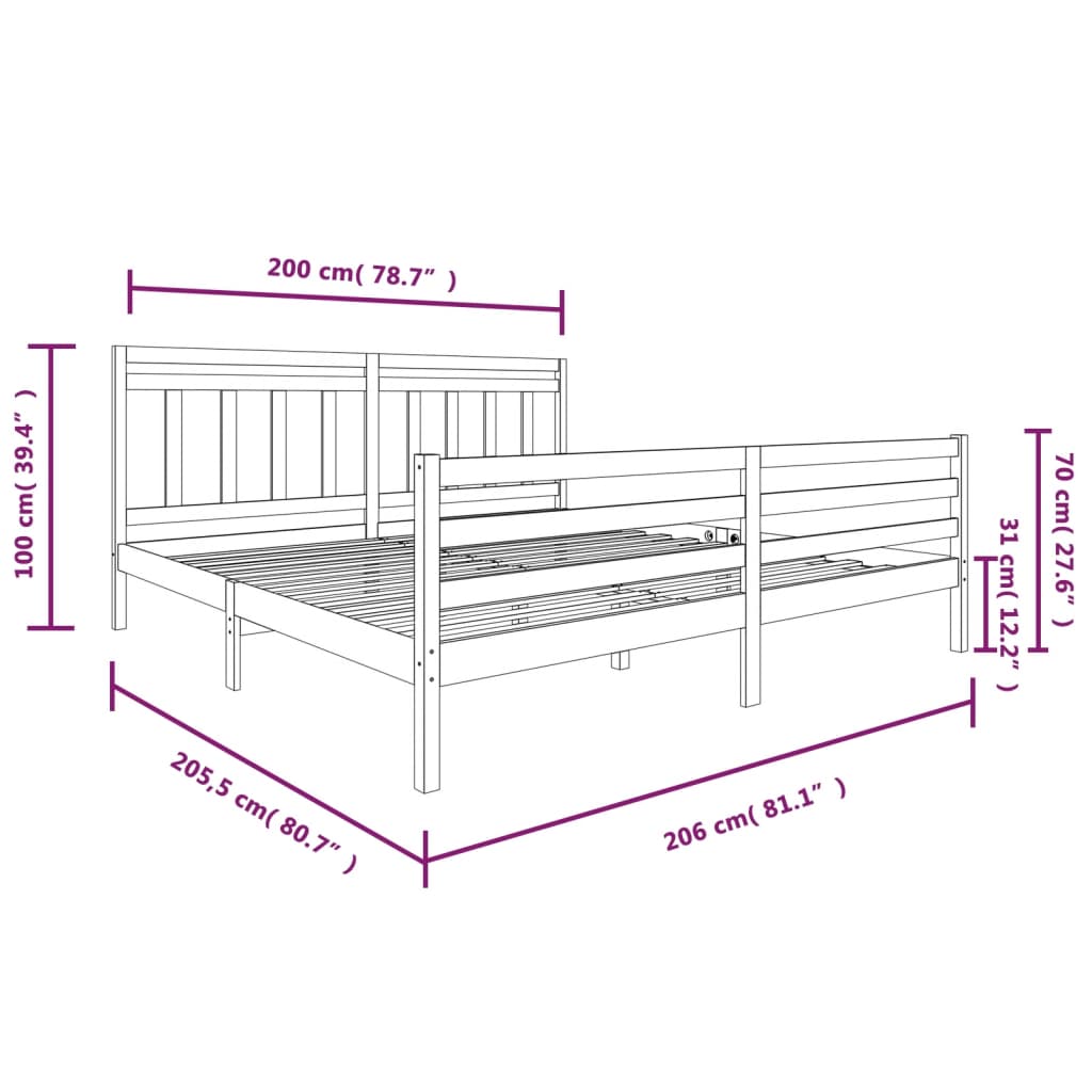 vidaXL Bed Frame without Mattress Grey Solid Wood 200x200 cm (810452+814116)