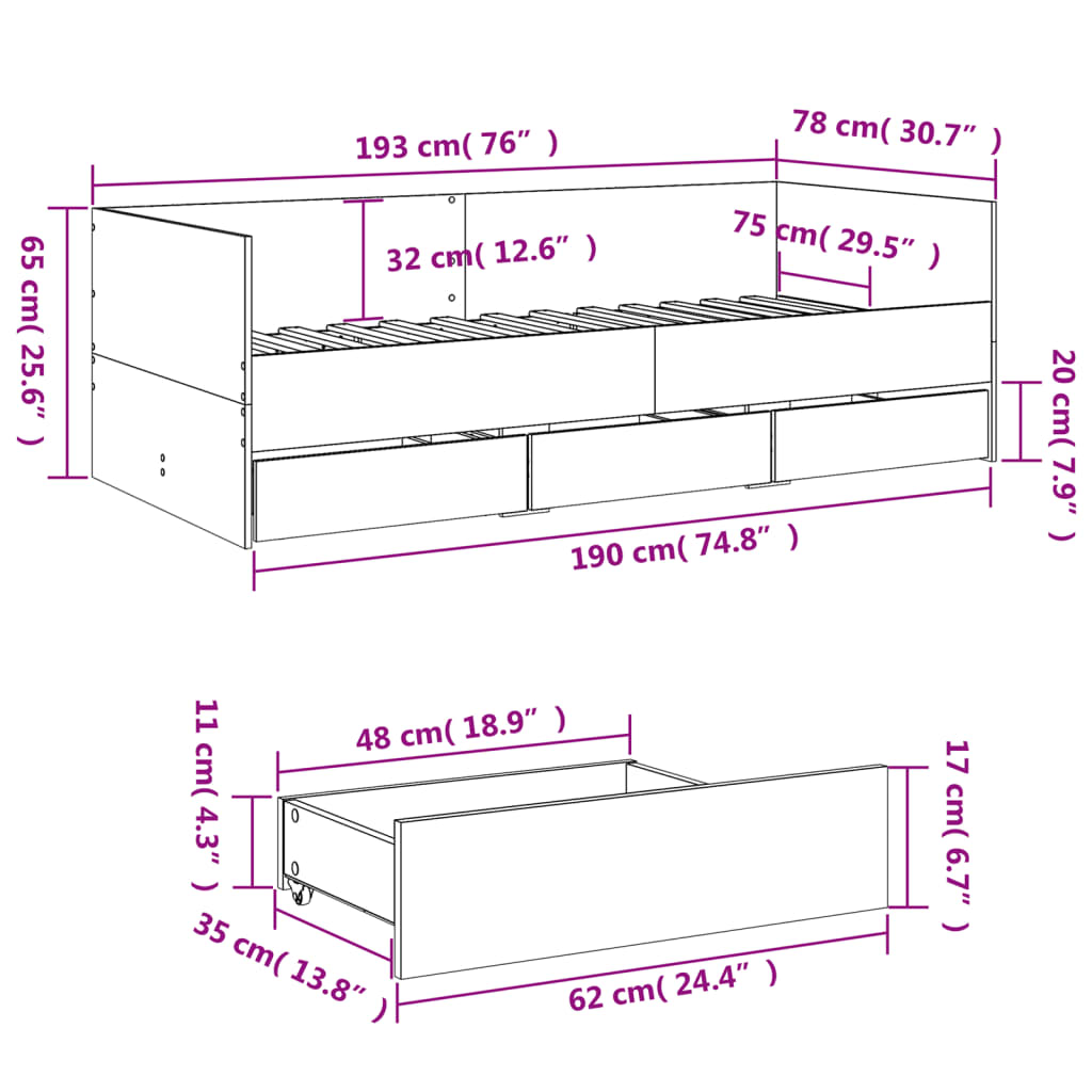 vidaXL Daybed with Drawers without Mattress Black 75x190 cm Small Single