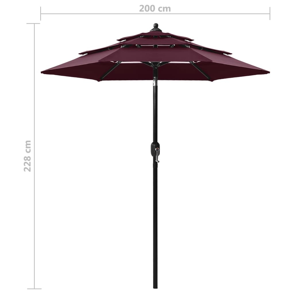 vidaXL 3-Tier Garden Parasol with Aluminium Pole Bordeaux Red 2 m