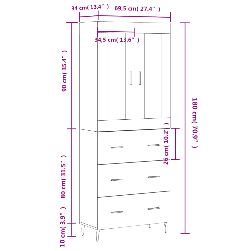 vidaXL Highboard High Gloss White 69.5x34x180 cm Engineered Wood