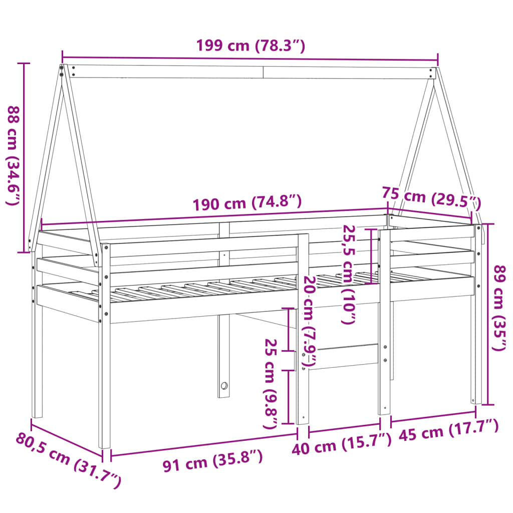 vidaXL High Sleeper Bed without Mattress 75x190 cm Small Single Solid Wood Pine