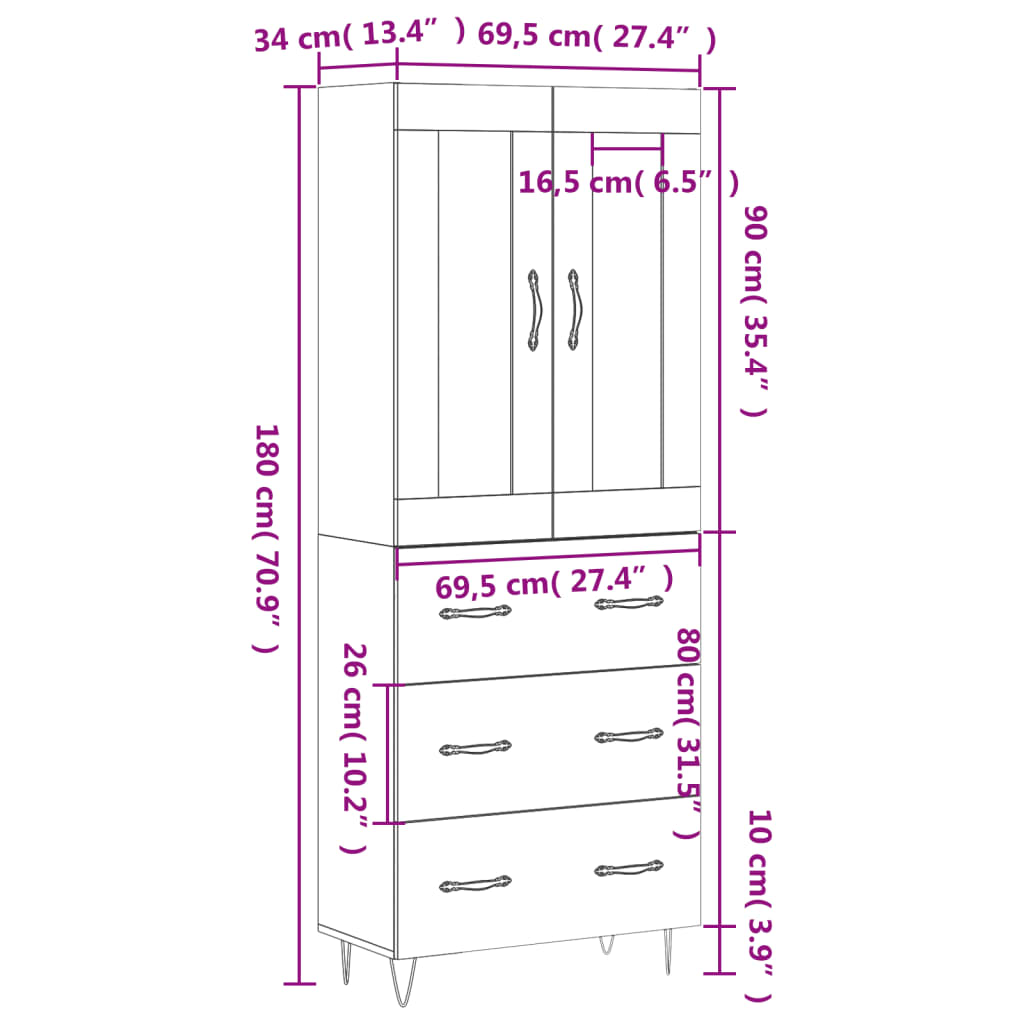 vidaXL Highboard White 69.5x34x180 cm Engineered Wood