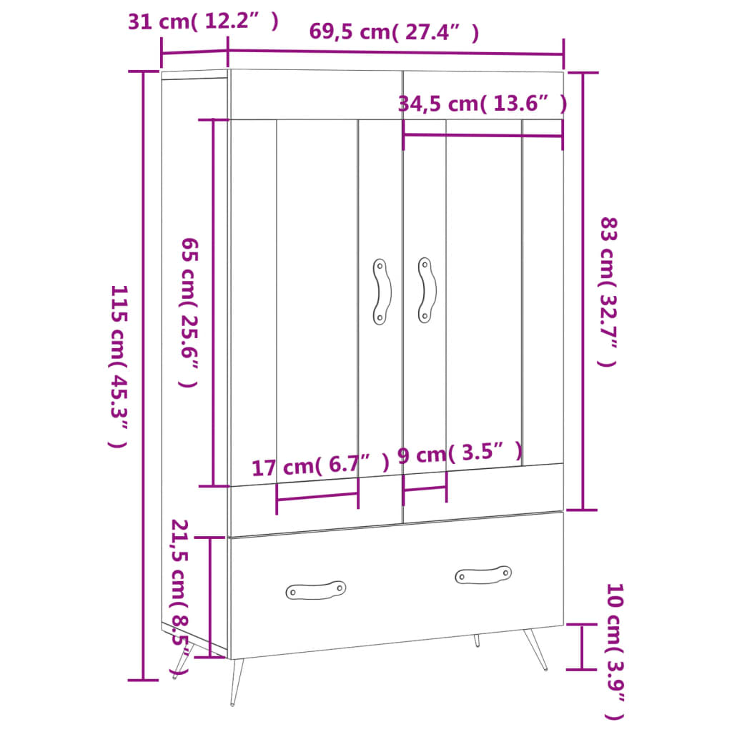 vidaXL Highboard White 69.5x31x115 cm Engineered Wood