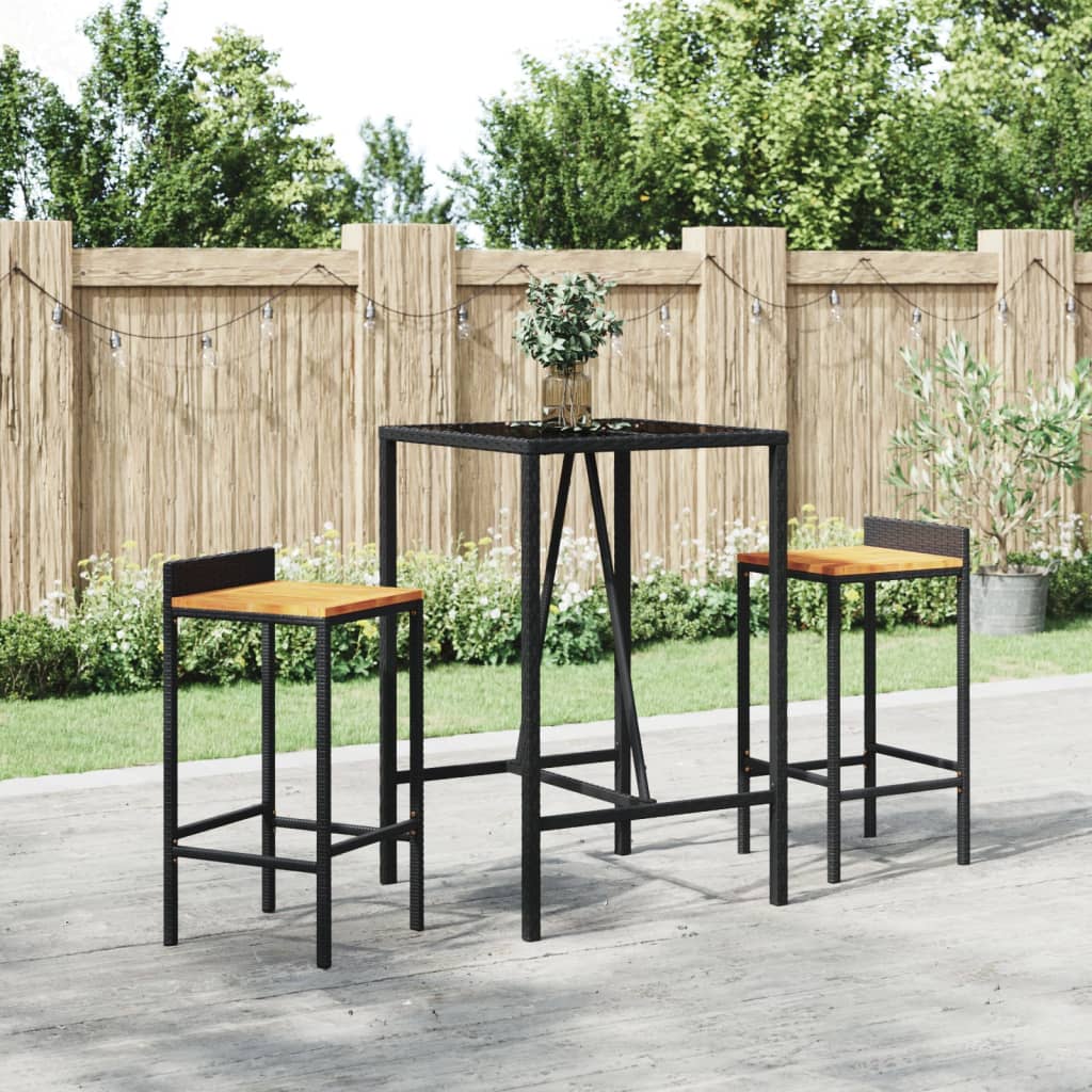 vidaXL 3 Piece Garden Bar Set Black Poly Rattan& Solid Wood Acacia