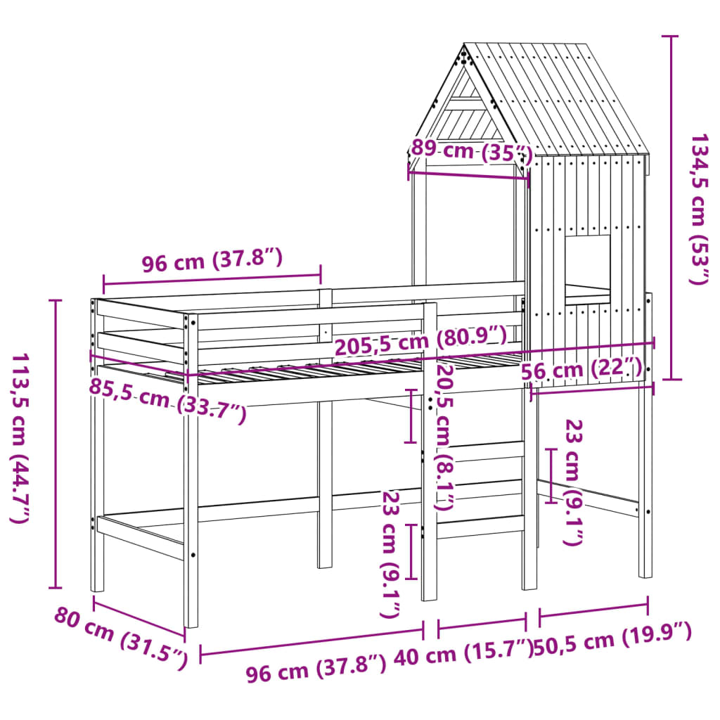 vidaXL Loft Bed with Ladder and Roof without Mattress White 80x200 cm