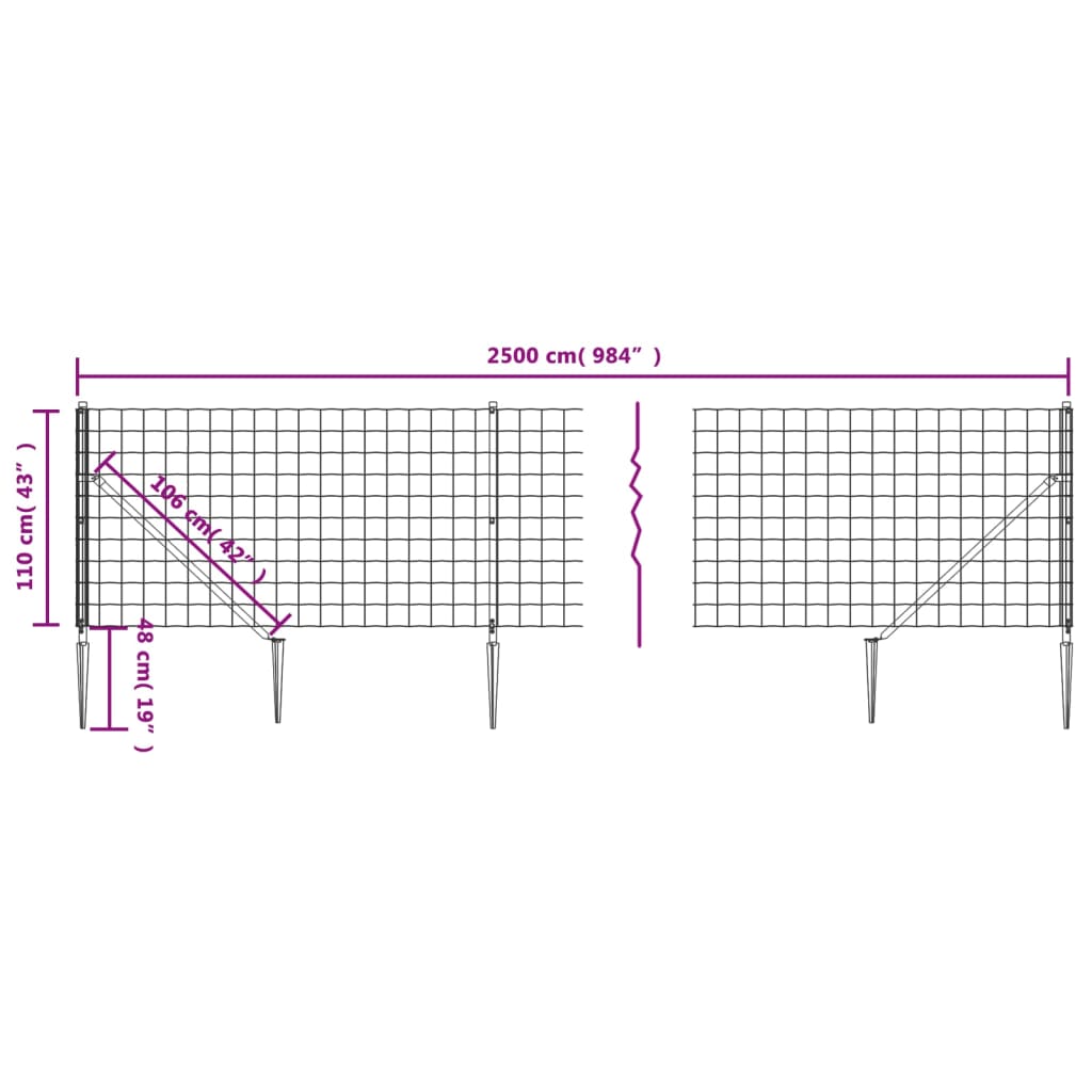 vidaXL Wire Mesh Fence with Spike Anchors Anthracite 1.1x25 m