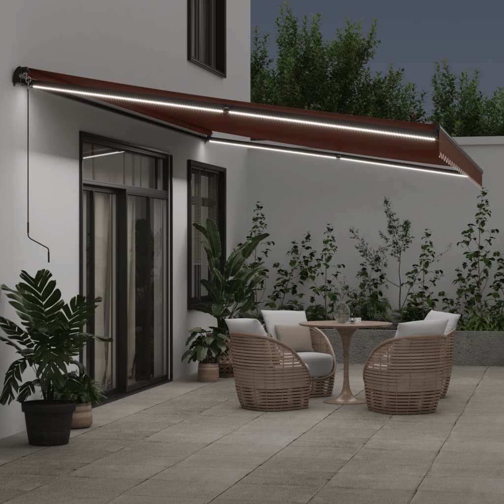 vidaXL Manual Retractable Awning with LEDs Brown 500x350 cm