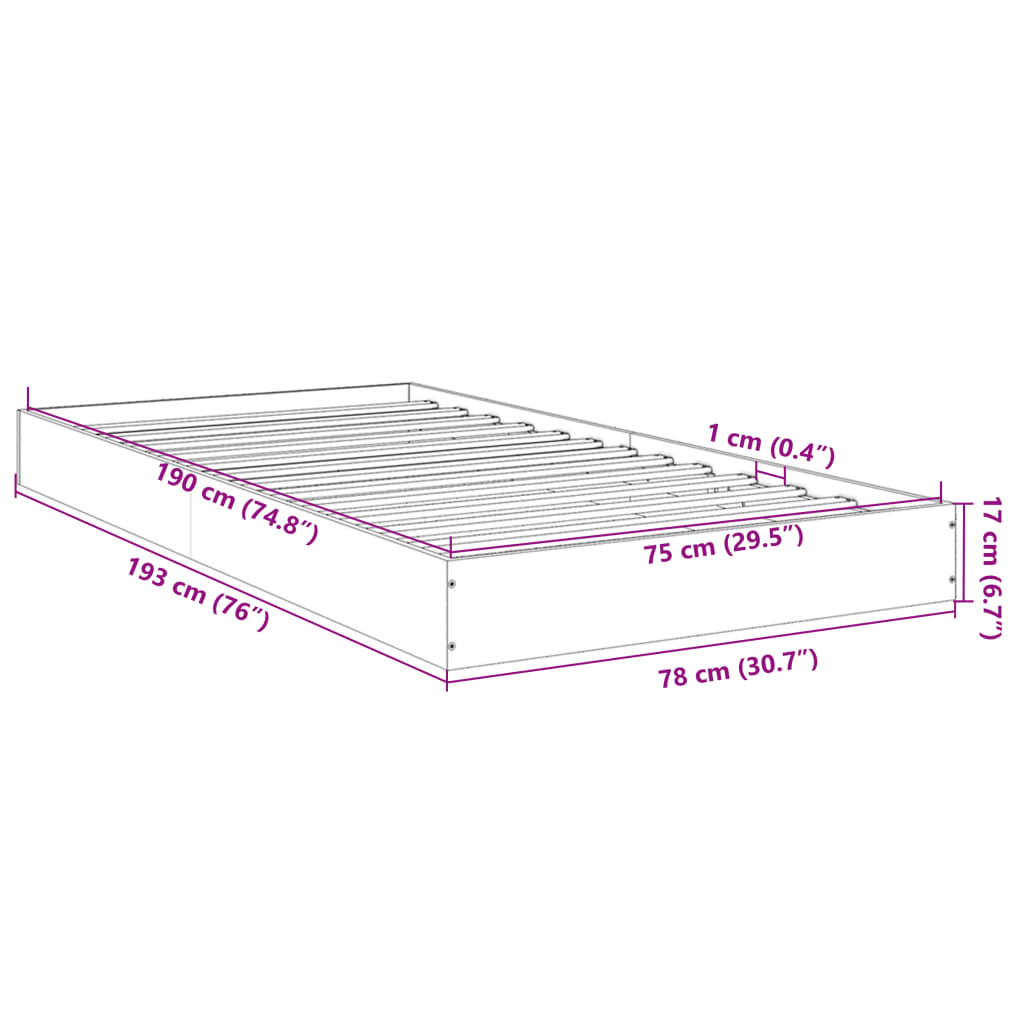 vidaXL Bed Frame without Mattress Grey Sonoma 75x190 cm Small Single Engineered Wood