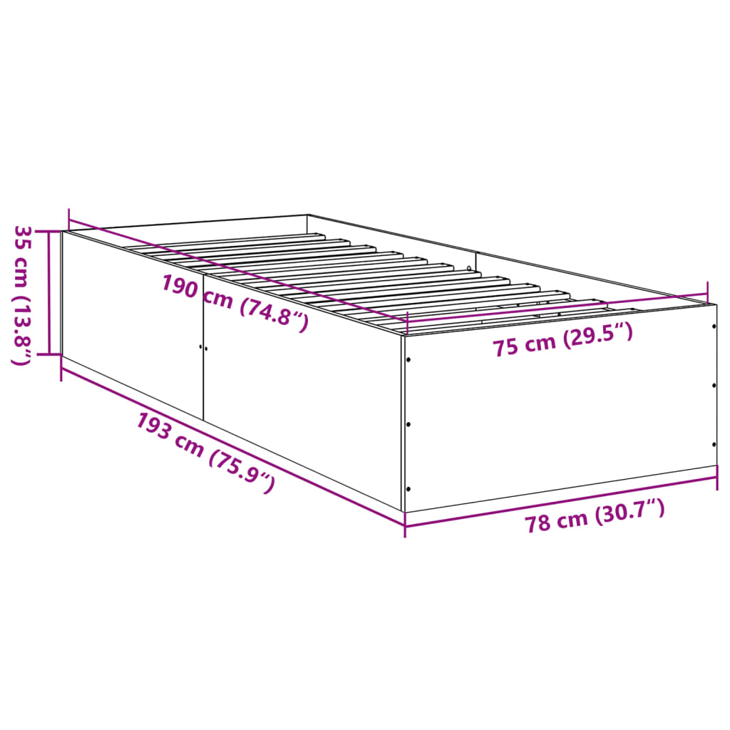 vidaXL Bed Frame without Mattress Smoked Oak 75x190 cm Small Single Engineered Wood